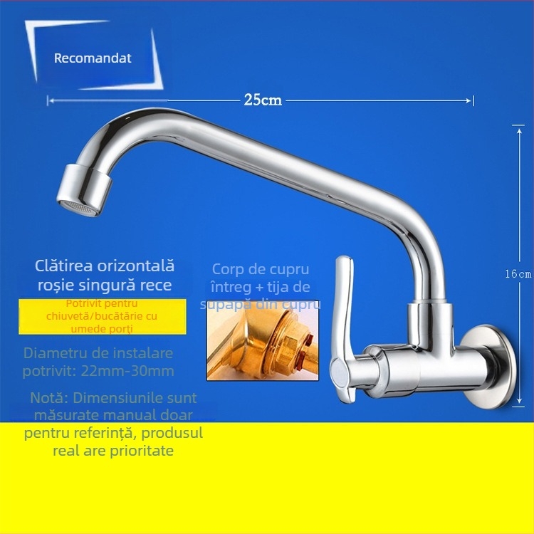 Robinet de bucătărie pentru chiuvetă, montaj pe perete, cupru, doar rece, stil modern minimalist, miez de valvă din cupru, acționare manuală