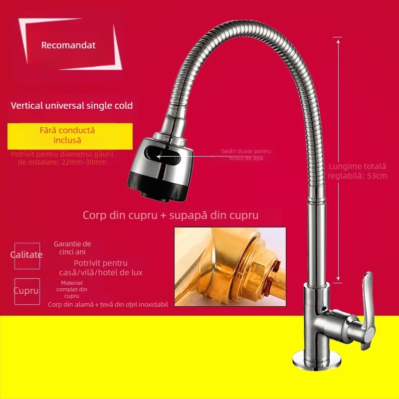 Robinet de bucătărie pentru chiuvetă, montaj pe perete, cupru, doar rece, stil modern minimalist, miez de valvă din cupru, acționare manuală