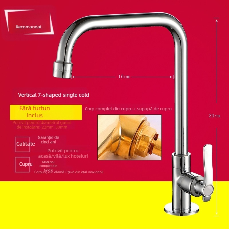 Robinet de bucătărie pentru chiuvetă, montaj pe perete, cupru, doar rece, stil modern minimalist, miez de valvă din cupru, acționare manuală