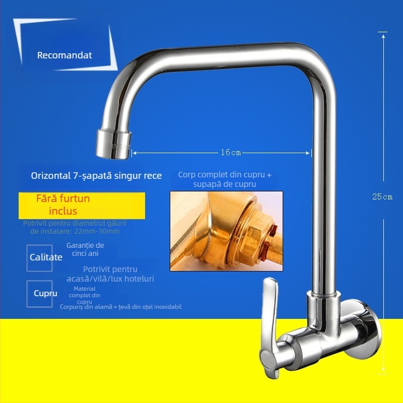 Robinet de bucătărie pentru chiuvetă, montaj pe perete, cupru, doar rece, stil modern minimalist, miez de valvă din cupru, acționare manuală