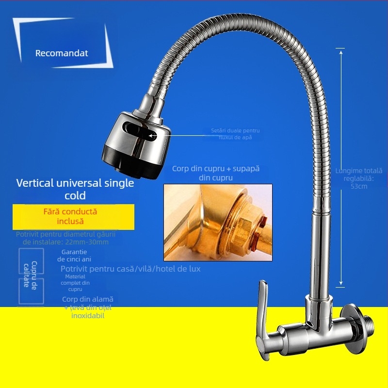 Robinet de bucătărie pentru chiuvetă, montaj pe perete, cupru, doar rece, stil modern minimalist, miez de valvă din cupru, acționare manuală