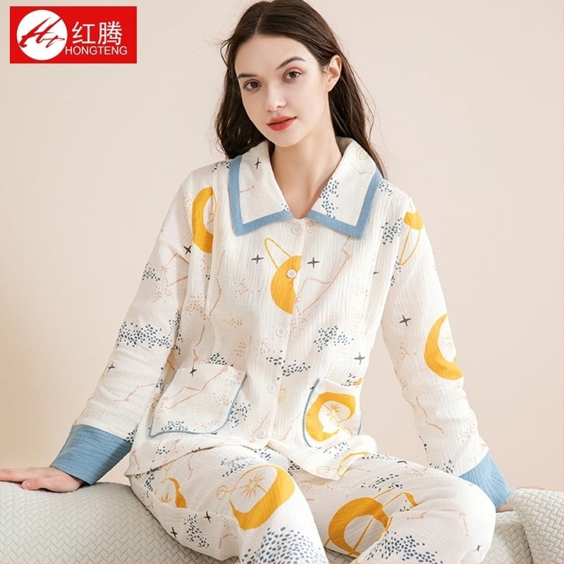 Set pijamale maternitate din tifon de bumbac pur, pentru toamnă, cu mâneci lungi, guler rever, respirabil acasă