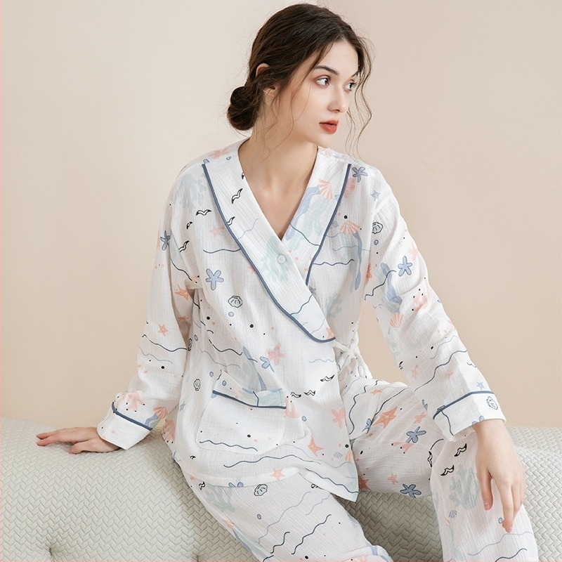 Set pijamale maternitate din tifon de bumbac pur, pentru toamnă, cu mâneci lungi, guler rever, respirabil acasă