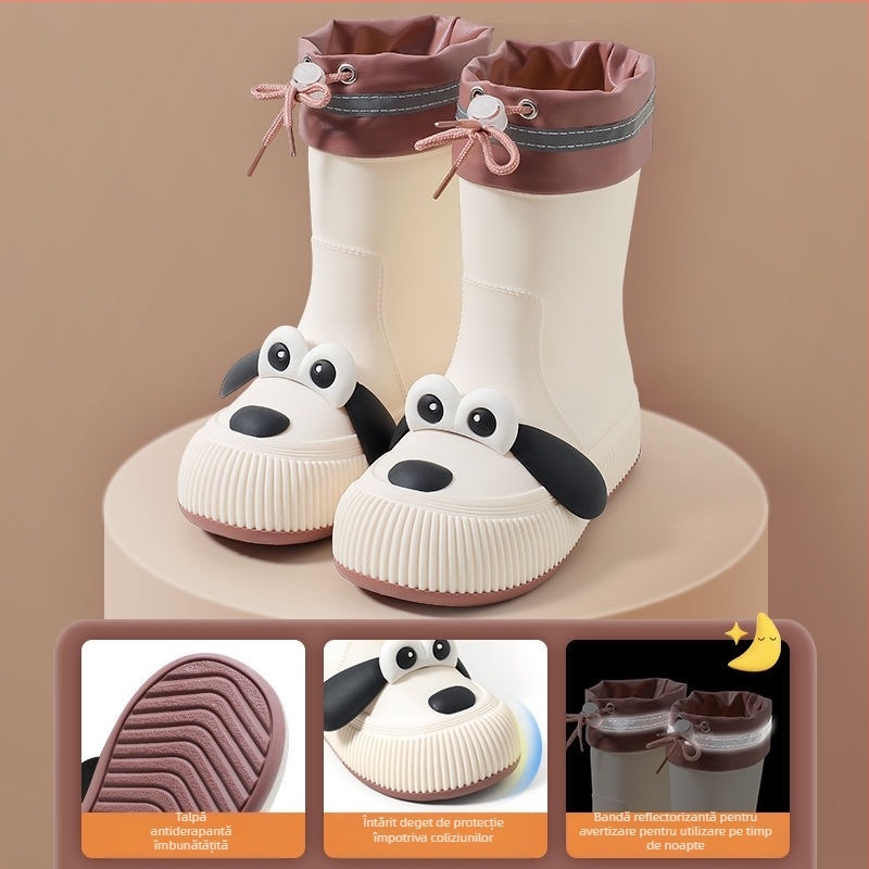 Cizme de ploaie pentru copii, model Cartoon, partea superioară din PVC, înălțime mid-calf, căptușite cu fleece, unisex, vârste 13–16