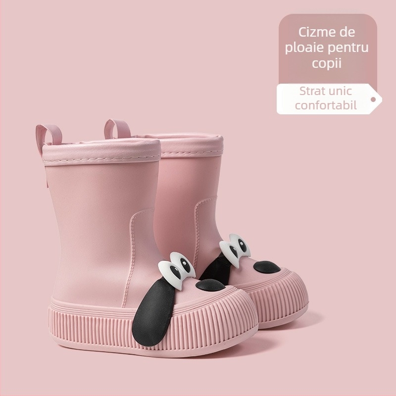 Cizme de ploaie pentru copii, model Cartoon, partea superioară din PVC, înălțime mid-calf, căptușite cu fleece, unisex, vârste 13–16