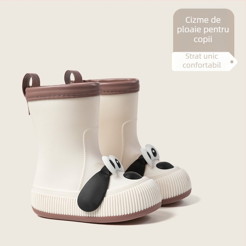 Cizme de ploaie pentru copii, model Cartoon, partea superioară din PVC, înălțime mid-calf, căptușite cu fleece, unisex, vârste 13–16