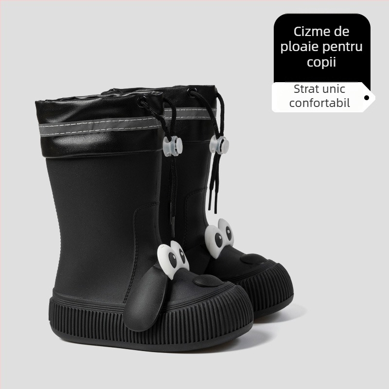 Cizme de ploaie pentru copii, model Cartoon, partea superioară din PVC, înălțime mid-calf, căptușite cu fleece, unisex, vârste 13–16