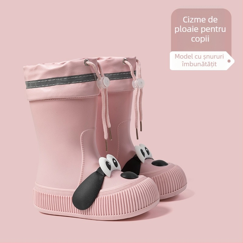 Cizme de ploaie pentru copii, model Cartoon, partea superioară din PVC, înălțime mid-calf, căptușite cu fleece, unisex, vârste 13–16