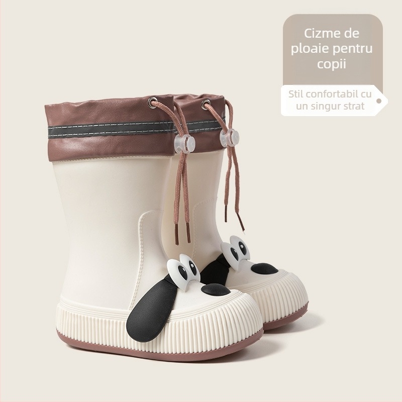 Cizme de ploaie pentru copii, model Cartoon, partea superioară din PVC, înălțime mid-calf, căptușite cu fleece, unisex, vârste 13–16