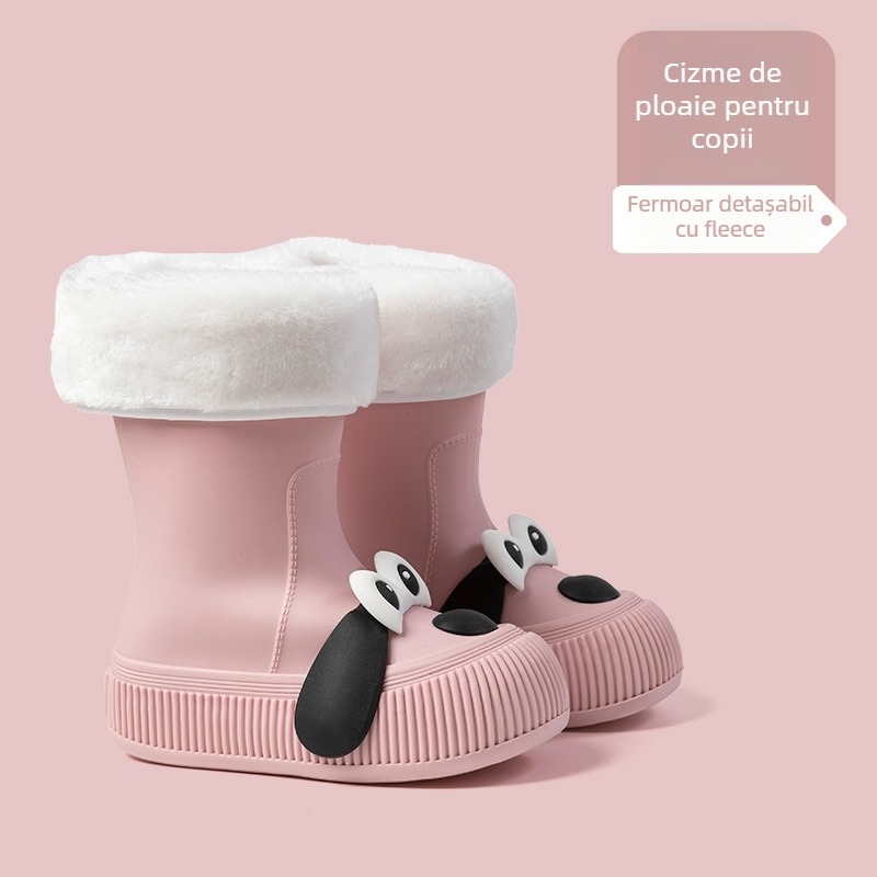 Cizme de ploaie pentru copii, model Cartoon, partea superioară din PVC, înălțime mid-calf, căptușite cu fleece, unisex, vârste 13–16