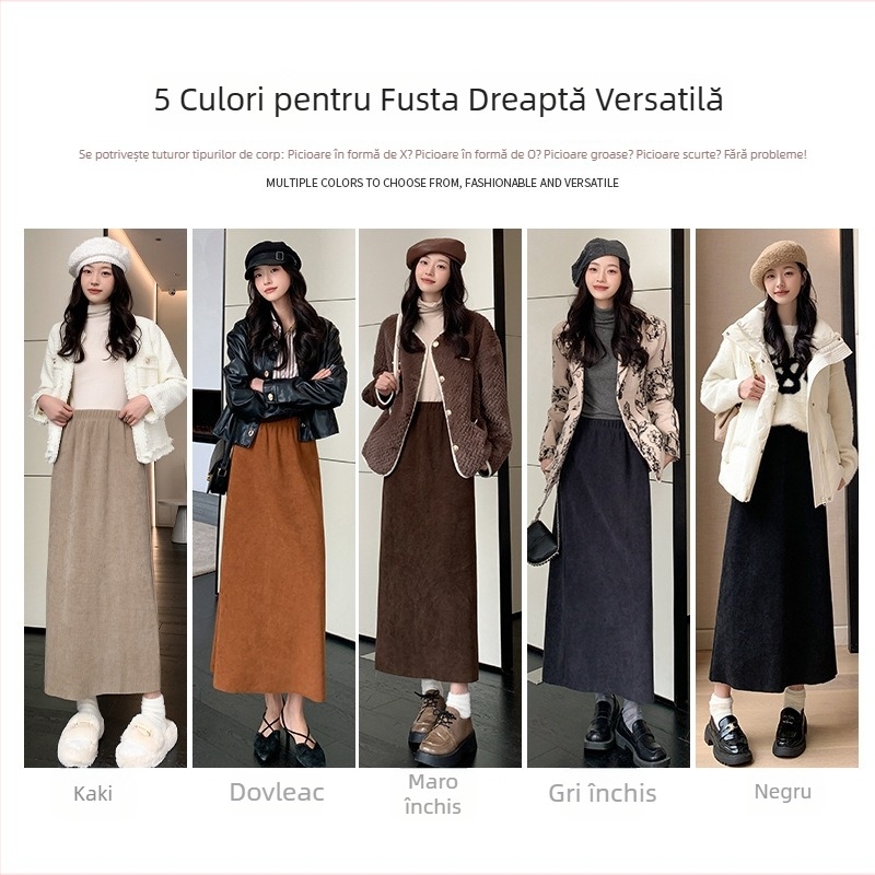 Fustă cu fleece căptușită, talie înaltă, croială strânsă pe șolduri, lungime medie, deschidere la spate, pentru toamnă-iarna, amestec spandex