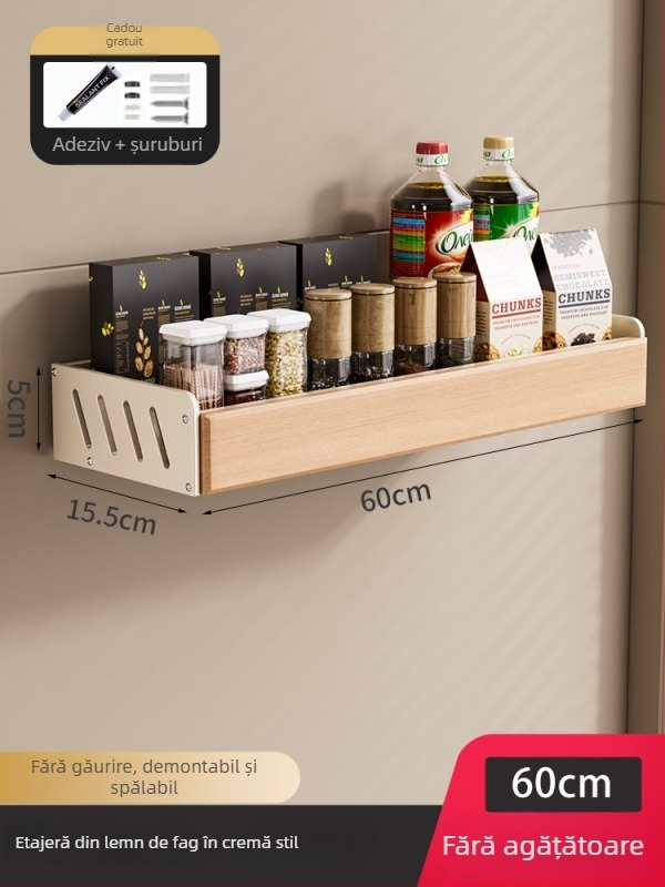 Raft de bucătărie din lemn masiv, stil crem - montaj pe perete, fără găuri, suport pentru cuțite, detașabil și lavabil, depozitare multifuncțională pentru condimente