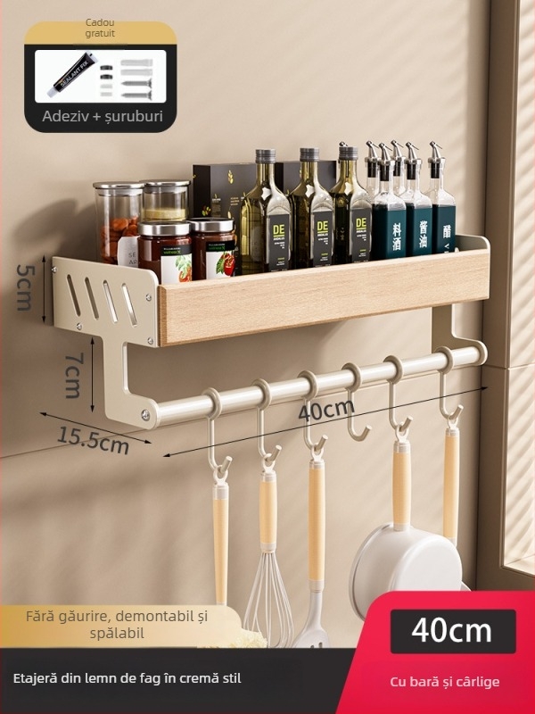 Raft de bucătărie din lemn masiv, stil crem - montaj pe perete, fără găuri, suport pentru cuțite, detașabil și lavabil, depozitare multifuncțională pentru condimente