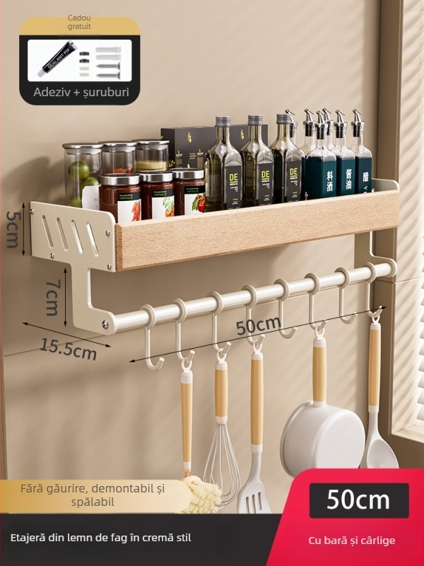 Raft de bucătărie din lemn masiv, stil crem - montaj pe perete, fără găuri, suport pentru cuțite, detașabil și lavabil, depozitare multifuncțională pentru condimente