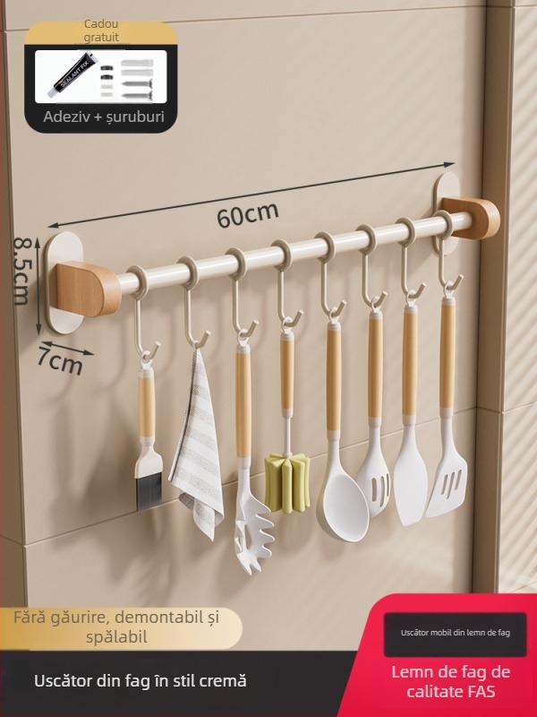 Raft de bucătărie din lemn masiv, stil crem - montaj pe perete, fără găuri, suport pentru cuțite, detașabil și lavabil, depozitare multifuncțională pentru condimente