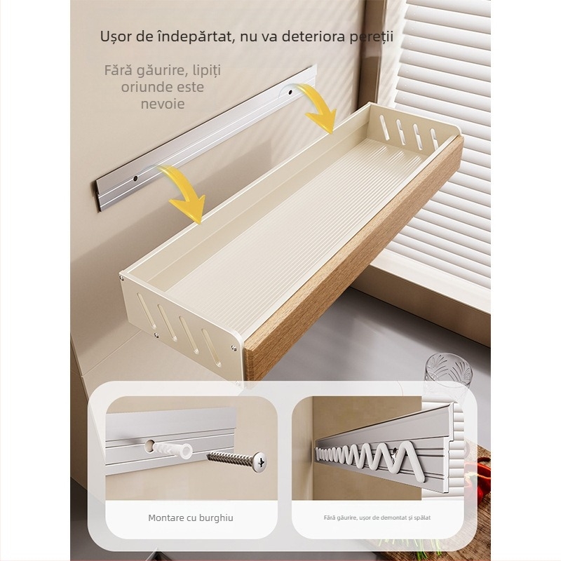 Raft de bucătărie din lemn masiv, stil crem - montaj pe perete, fără găuri, suport pentru cuțite, detașabil și lavabil, depozitare multifuncțională pentru condimente