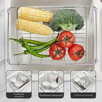 Coș telescopic de scurgere din oțel inoxidabil 201, cu mâner — suport retractabil pentru spălat legume, design modern minimalist