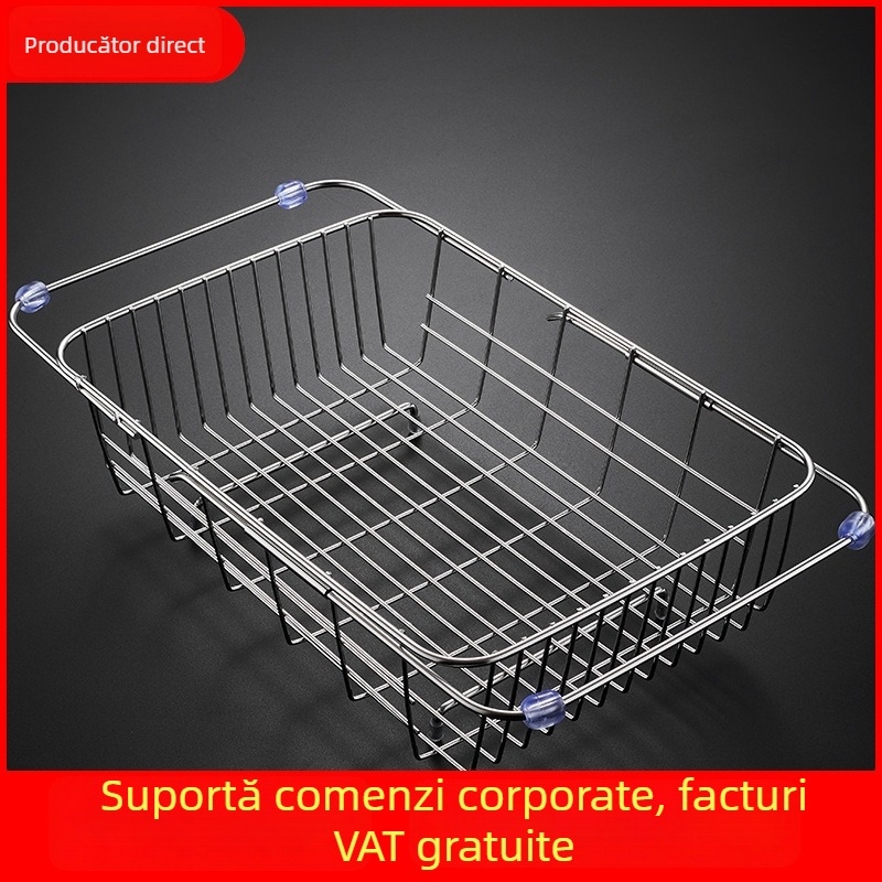 Coș telescopic de scurgere din oțel inoxidabil 201, cu mâner — suport retractabil pentru spălat legume, design modern minimalist