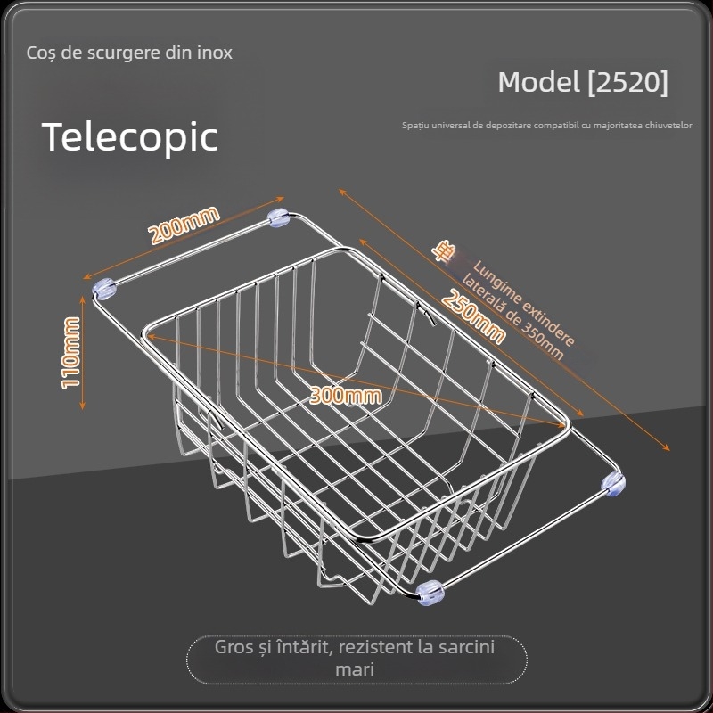 Coș telescopic de scurgere din oțel inoxidabil 201, cu mâner — suport retractabil pentru spălat legume, design modern minimalist