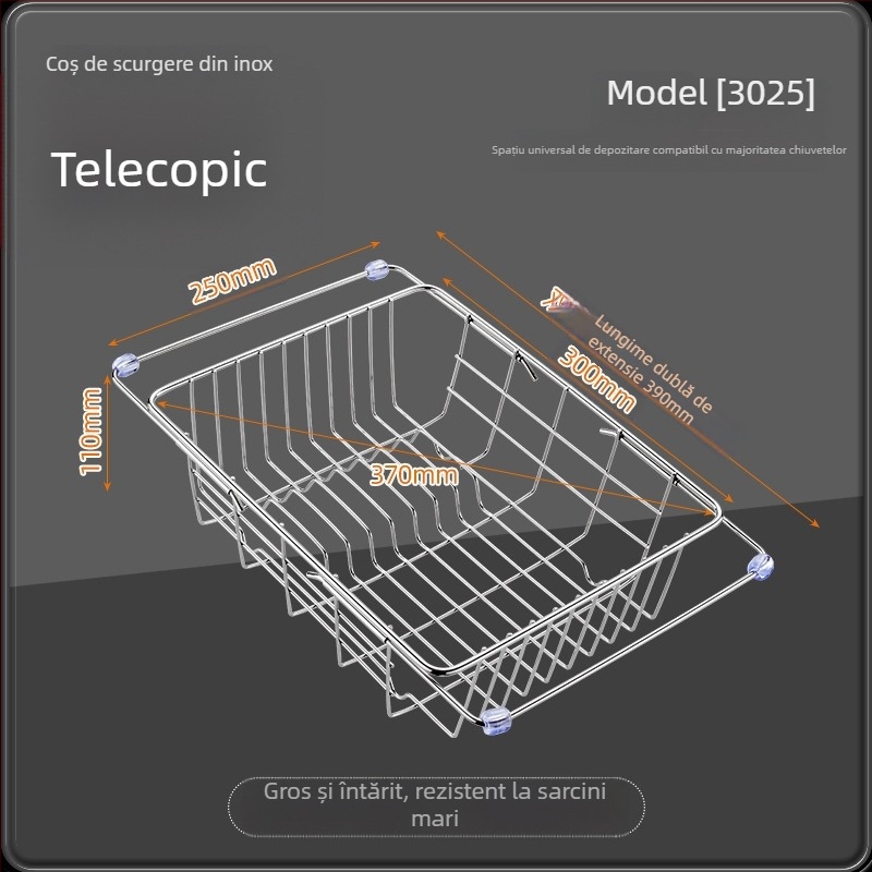 Coș telescopic de scurgere din oțel inoxidabil 201, cu mâner — suport retractabil pentru spălat legume, design modern minimalist