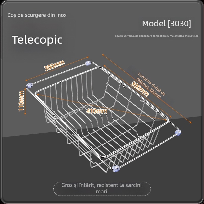 Coș telescopic de scurgere din oțel inoxidabil 201, cu mâner — suport retractabil pentru spălat legume, design modern minimalist