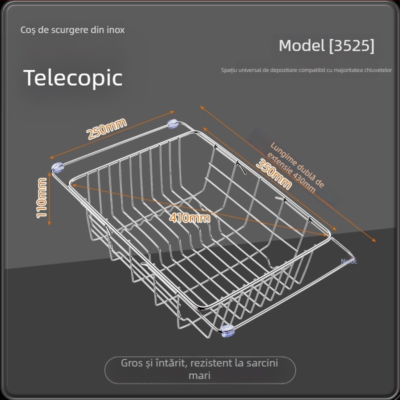 Coș telescopic de scurgere din oțel inoxidabil 201, cu mâner — suport retractabil pentru spălat legume, design modern minimalist