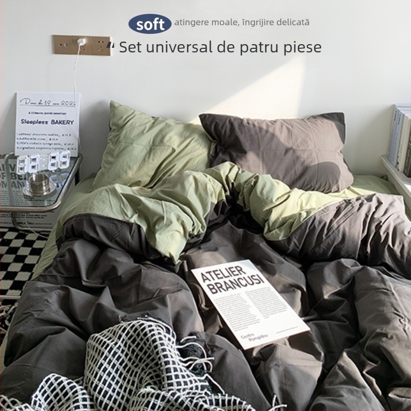 Set de pat din flanelă cu husă de pilotă, patru piese – Stil IG, pentru cămin, bumbac lavabil