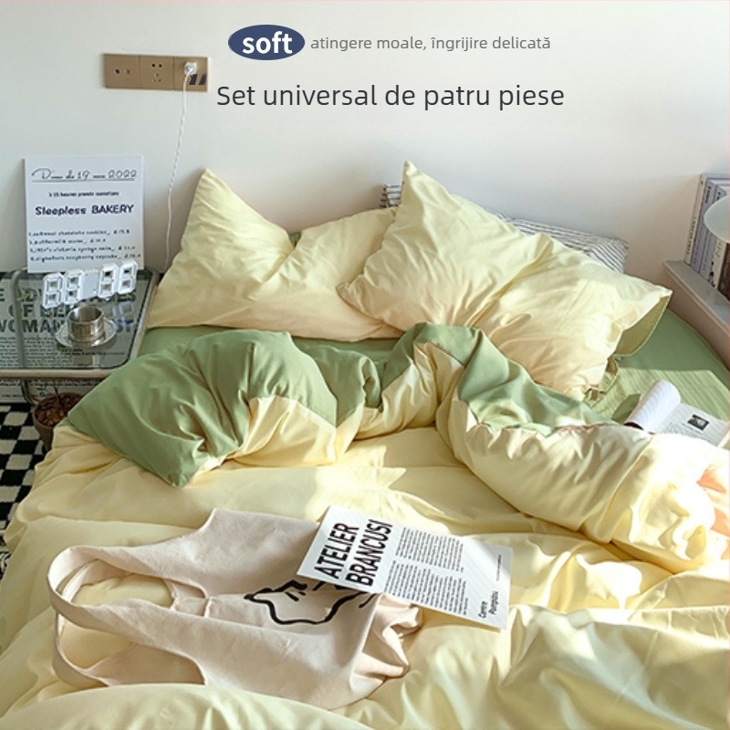 Set de pat din flanelă cu husă de pilotă, patru piese – Stil IG, pentru cămin, bumbac lavabil