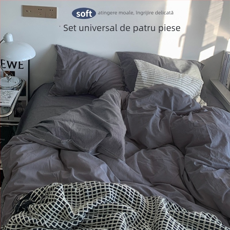 Set de pat din flanelă cu husă de pilotă, patru piese – Stil IG, pentru cămin, bumbac lavabil