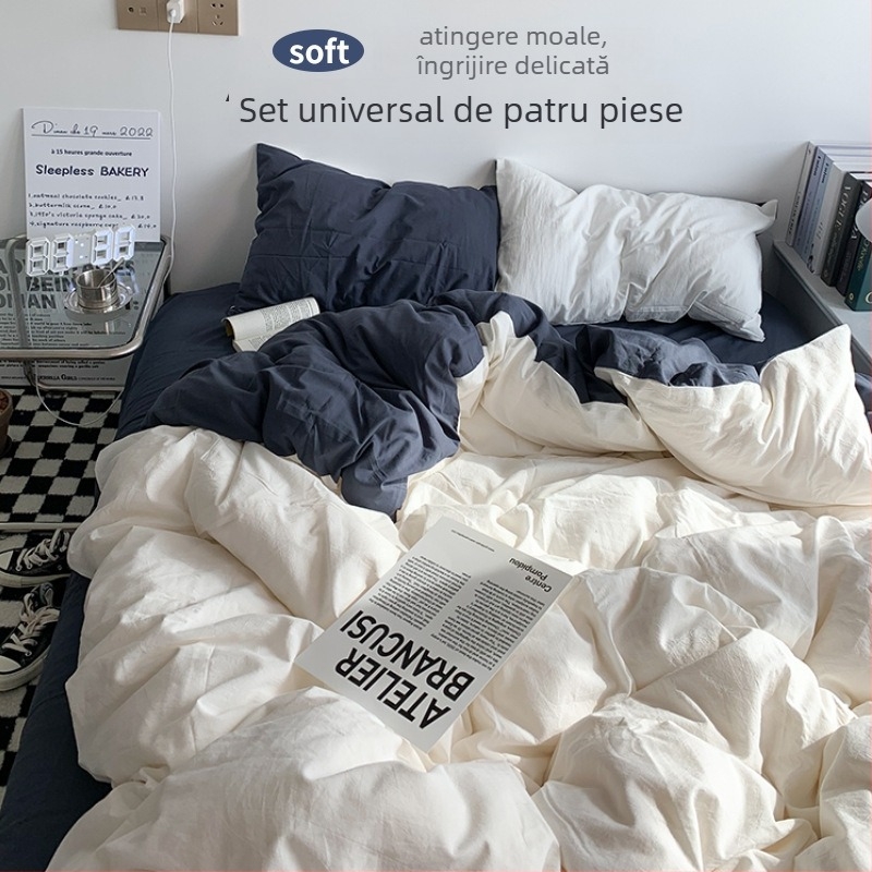 Set de pat din flanelă cu husă de pilotă, patru piese – Stil IG, pentru cămin, bumbac lavabil