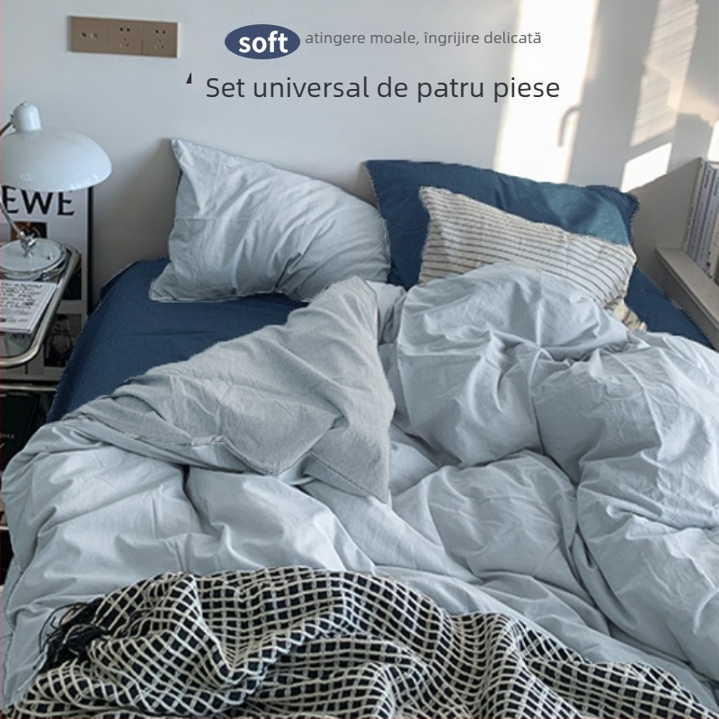 Set de pat din flanelă cu husă de pilotă, patru piese – Stil IG, pentru cămin, bumbac lavabil
