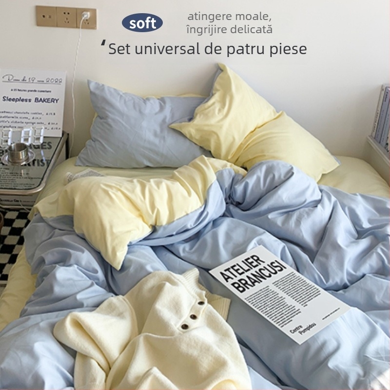 Set de pat din flanelă cu husă de pilotă, patru piese – Stil IG, pentru cămin, bumbac lavabil