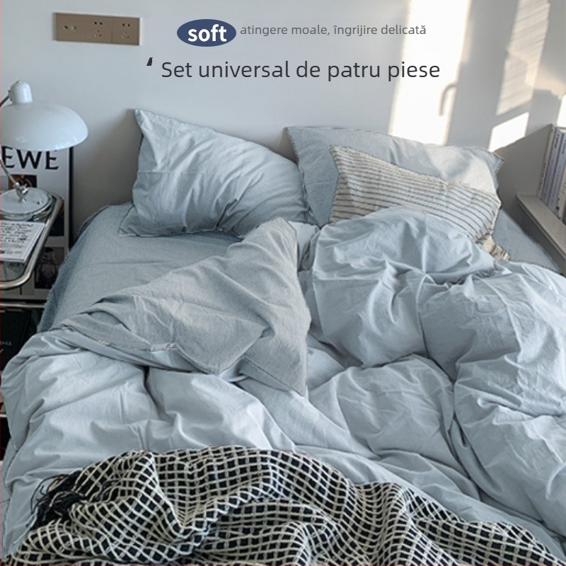 Set de pat din flanelă cu husă de pilotă, patru piese – Stil IG, pentru cămin, bumbac lavabil
