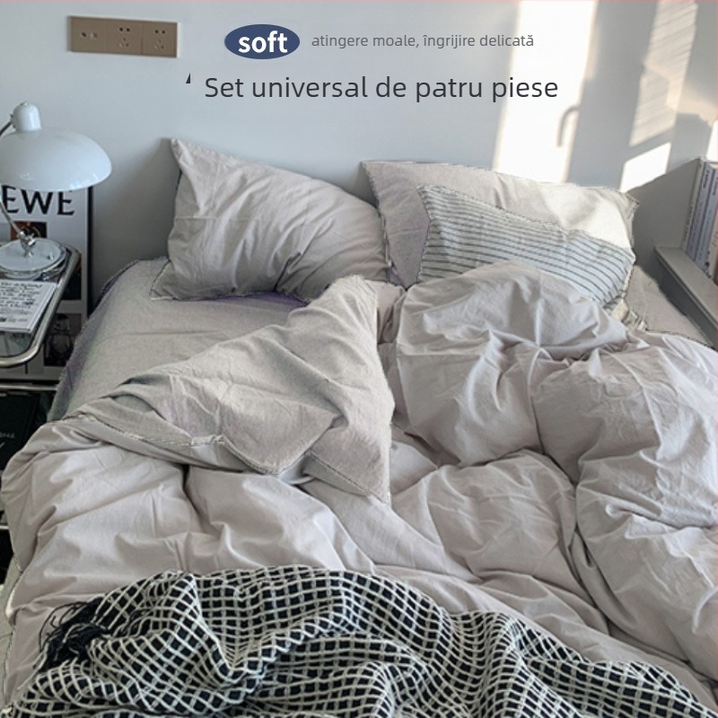 Set de pat din flanelă cu husă de pilotă, patru piese – Stil IG, pentru cămin, bumbac lavabil