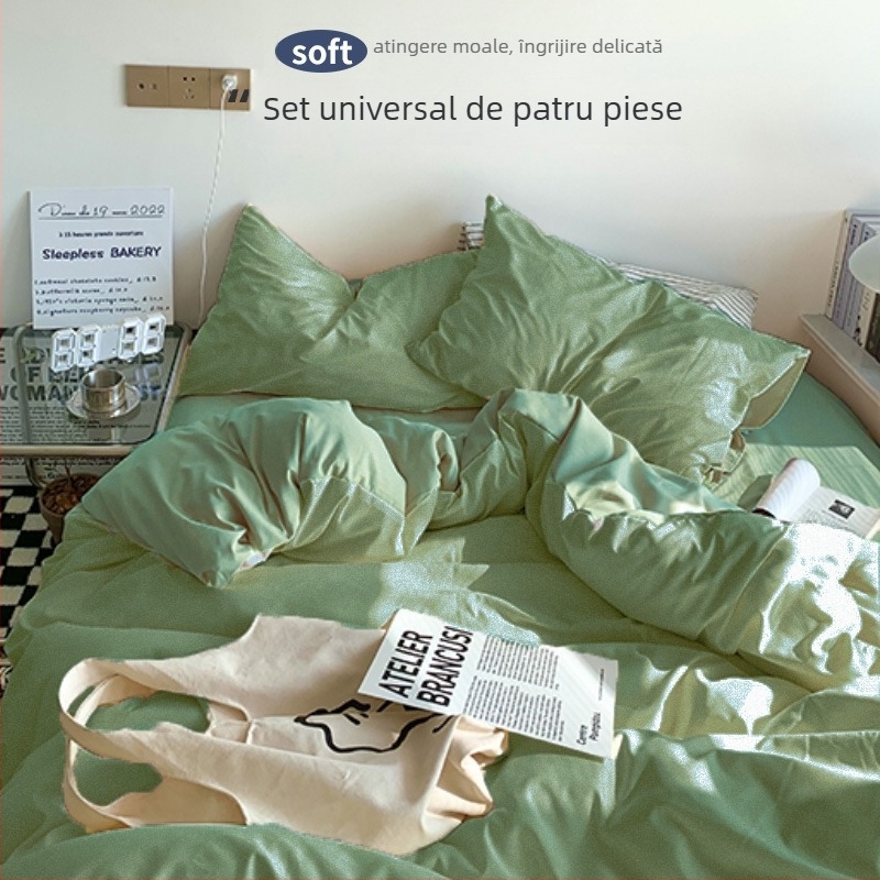 Set de pat din flanelă cu husă de pilotă, patru piese – Stil IG, pentru cămin, bumbac lavabil