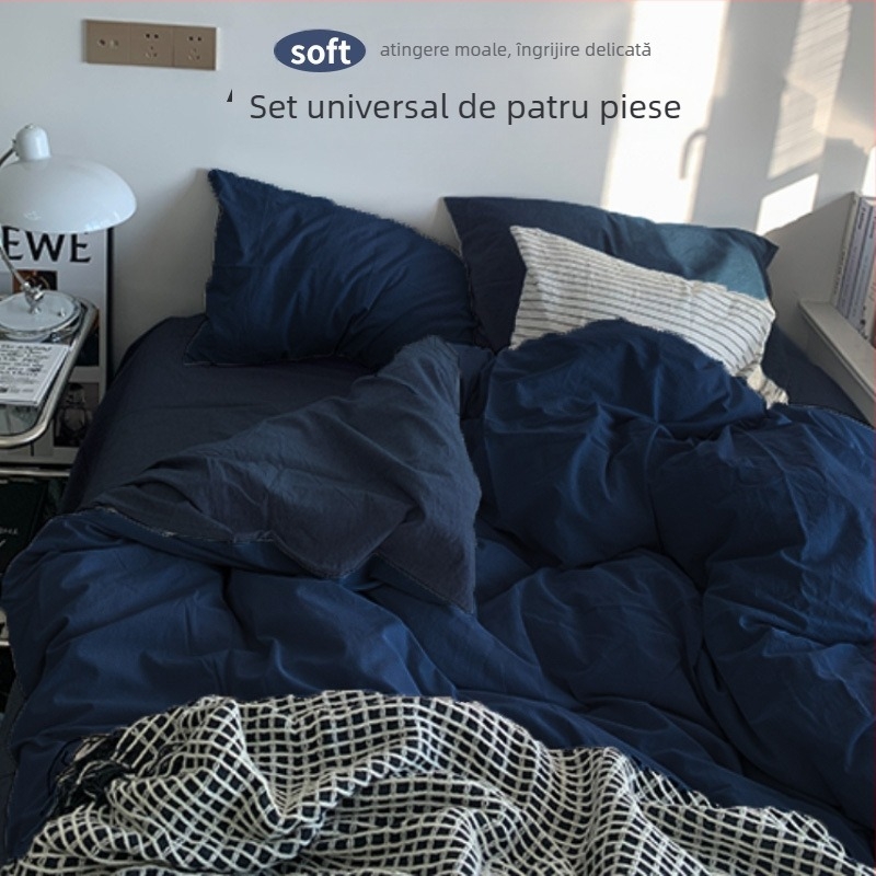 Set de pat din flanelă cu husă de pilotă, patru piese – Stil IG, pentru cămin, bumbac lavabil