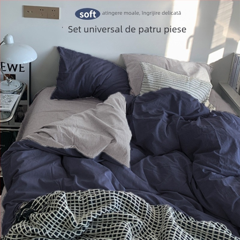 Set de pat din flanelă cu husă de pilotă, patru piese – Stil IG, pentru cămin, bumbac lavabil