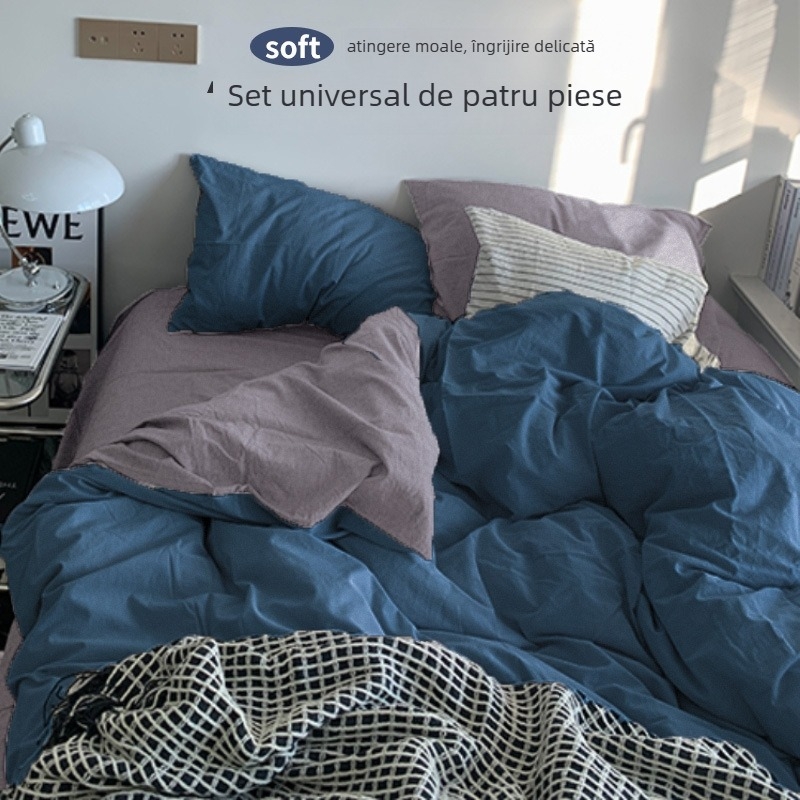 Set de pat din flanelă cu husă de pilotă, patru piese – Stil IG, pentru cămin, bumbac lavabil