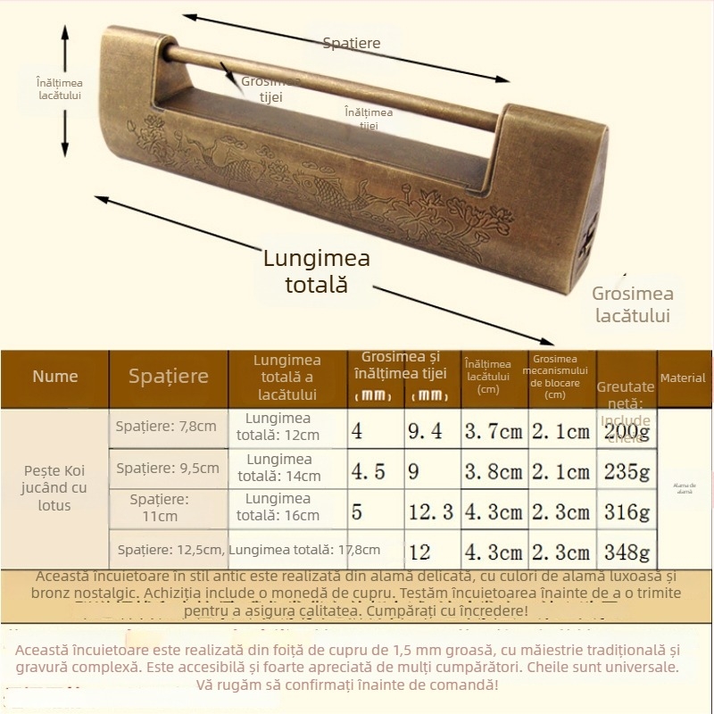 Lacăt orizontal pentru dulap din alamă, stil Chinez nou, aspect antic-retro, model Thickened Lock, marcă Chengyu