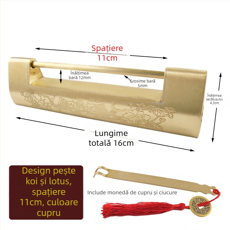 Lacăt orizontal pentru dulap din alamă, stil Chinez nou, aspect antic-retro, model Thickened Lock, marcă Chengyu