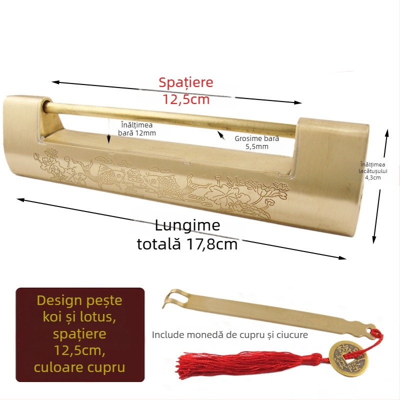 Lacăt orizontal pentru dulap din alamă, stil Chinez nou, aspect antic-retro, model Thickened Lock, marcă Chengyu