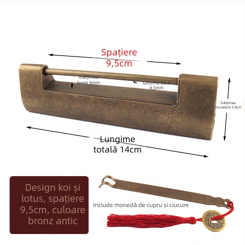 Lacăt orizontal pentru dulap din alamă, stil Chinez nou, aspect antic-retro, model Thickened Lock, marcă Chengyu