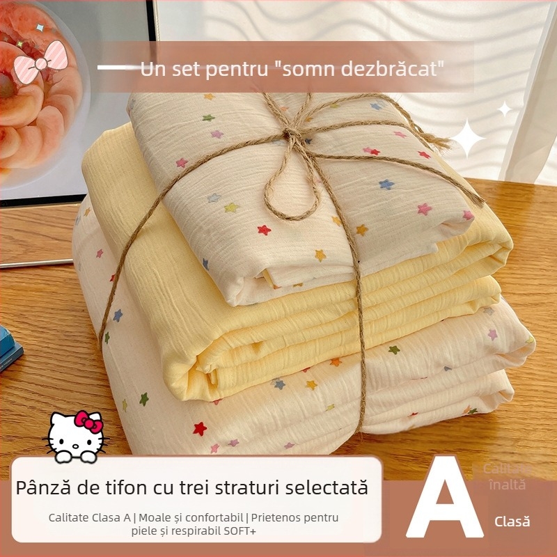 Set de lenjerie de pat din bumbac spălat, patru piese, pentru cămine studențești, patru sezoane, model floral vegetal