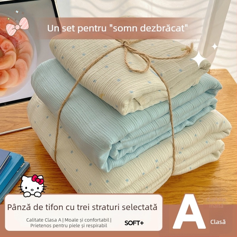 Set de lenjerie de pat din bumbac spălat, patru piese, pentru cămine studențești, patru sezoane, model floral vegetal