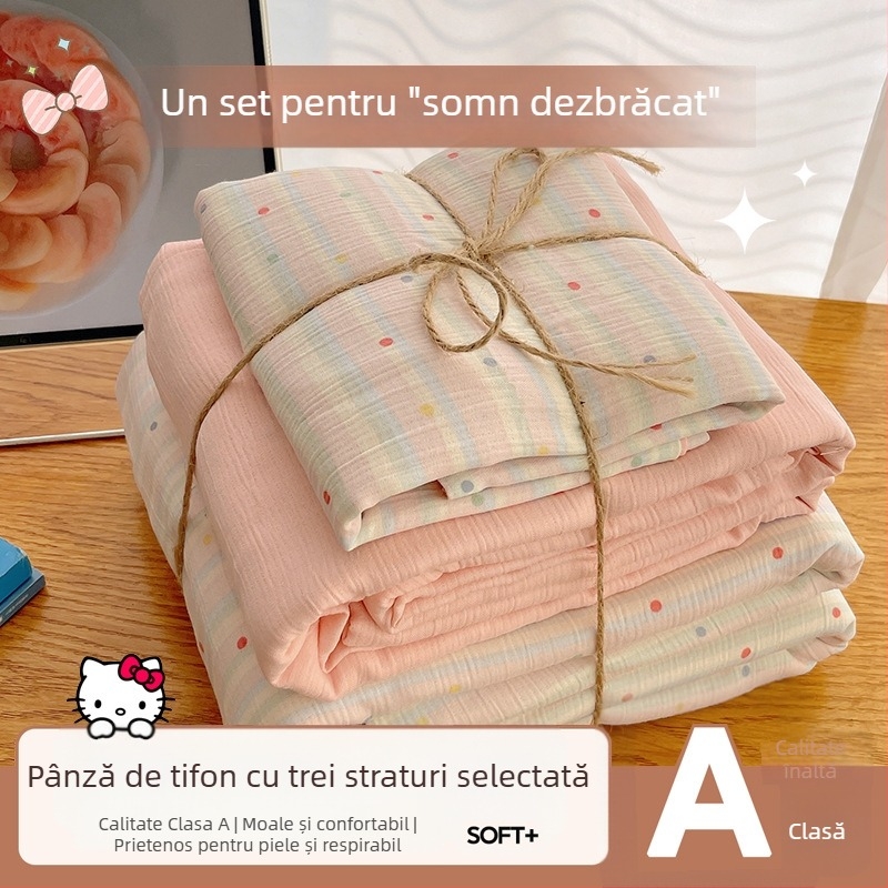 Set de lenjerie de pat din bumbac spălat, patru piese, pentru cămine studențești, patru sezoane, model floral vegetal