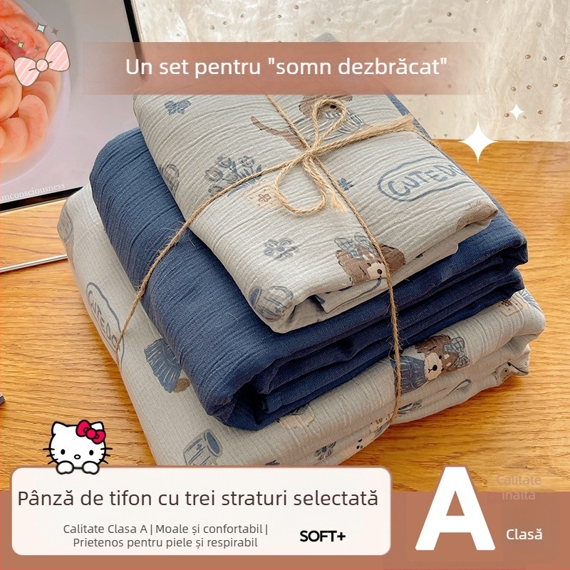 Set de lenjerie de pat din bumbac spălat, patru piese, pentru cămine studențești, patru sezoane, model floral vegetal