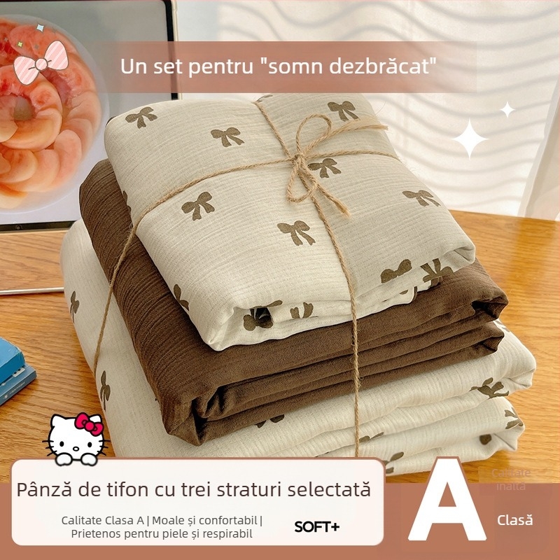 Set de lenjerie de pat din bumbac spălat, patru piese, pentru cămine studențești, patru sezoane, model floral vegetal