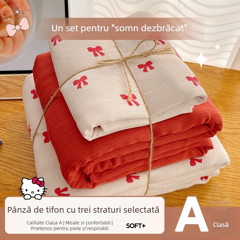 Set de lenjerie de pat din bumbac spălat, patru piese, pentru cămine studențești, patru sezoane, model floral vegetal
