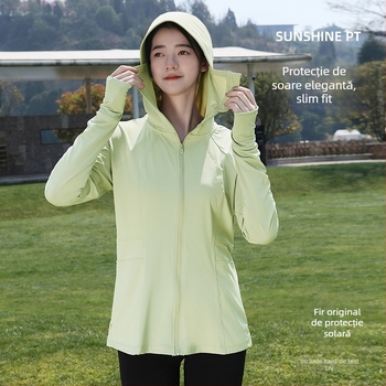 Jachetă de protecție solară pentru femei, vară, respirabilă și ușoară, cu glugă, UPF50+, poliester