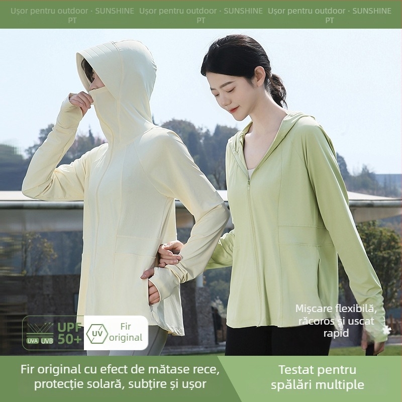 Jachetă de protecție solară pentru femei, vară, respirabilă și ușoară, cu glugă, UPF50+, poliester